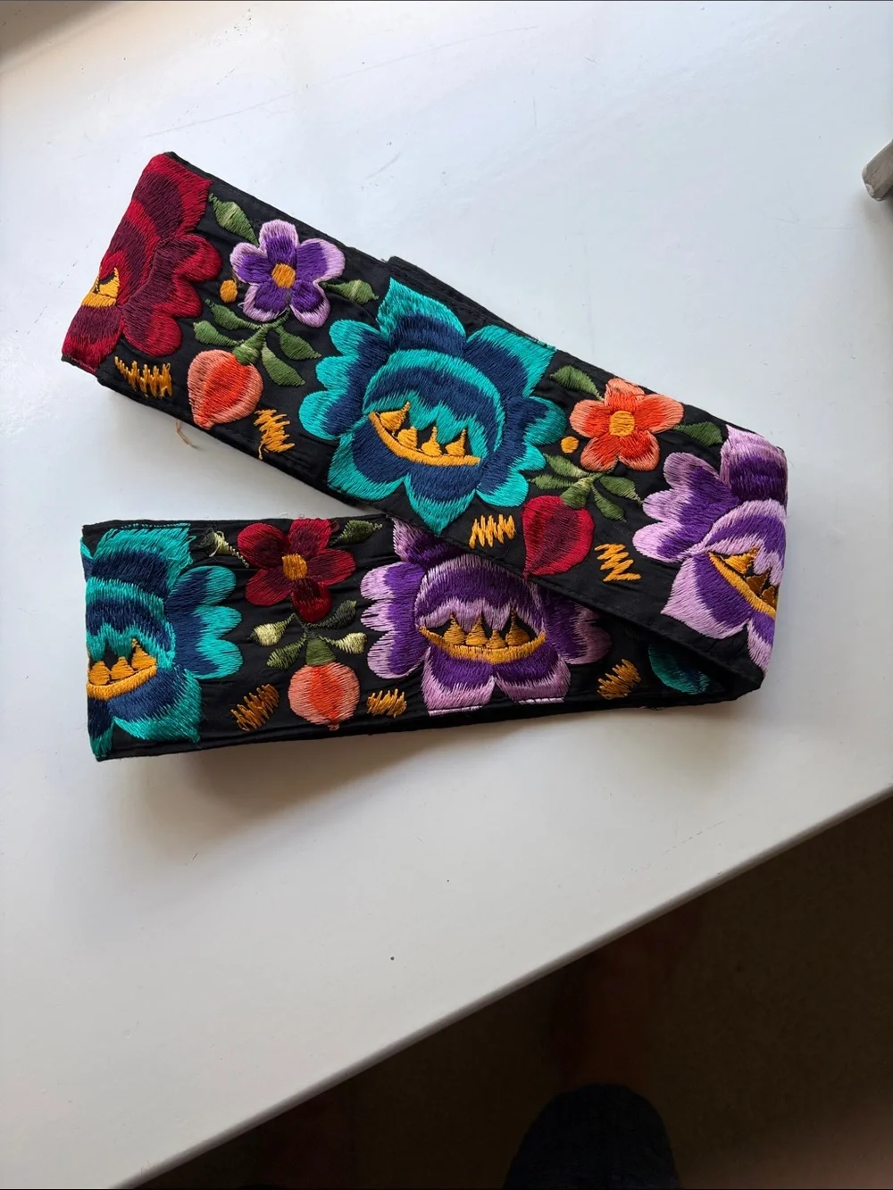 Mexican Embroidered Floral Black Belt Multicolor w/ Velcro